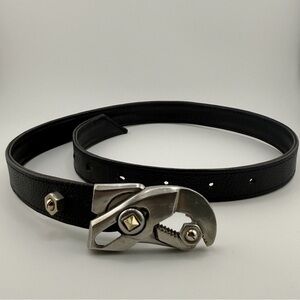 Black Leather Belt Industrial Tool Buckle Silver Hardware Adjustable Waist Belt